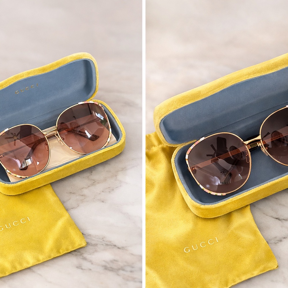 Gucci Women's Sunglasses with Gold Frame and Black Lenses